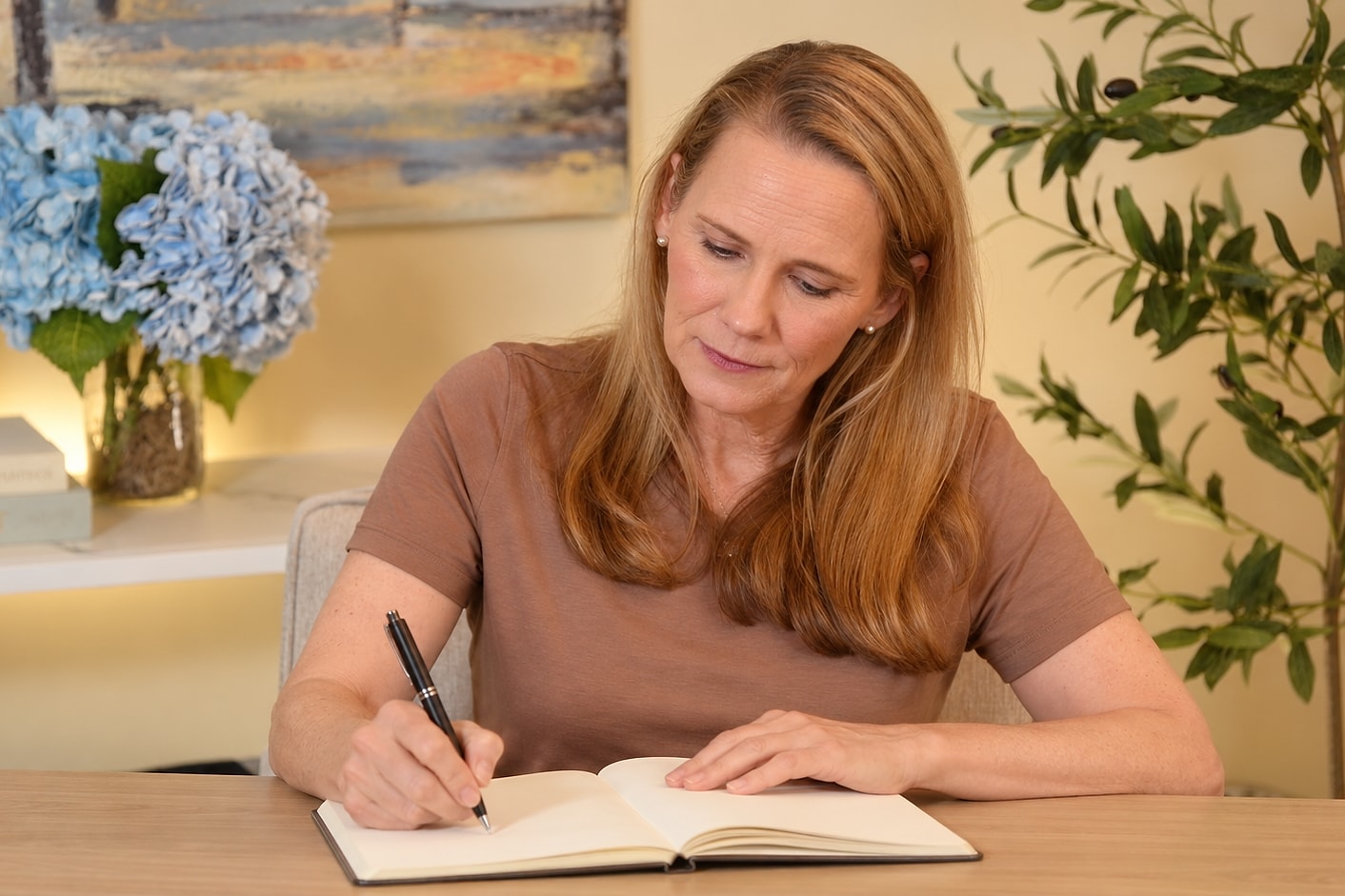 Jennifer Cook writing in a journal at her desk, working through the questions herself